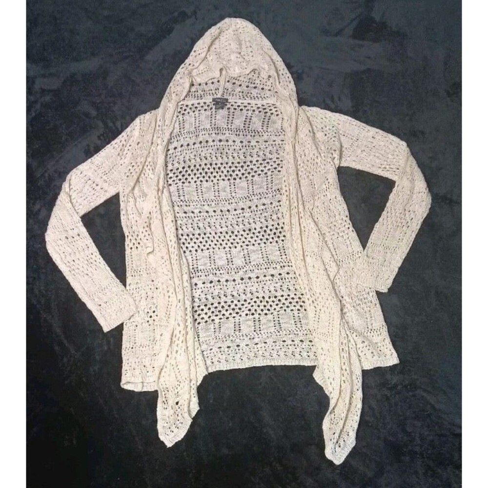 Rue 21 Crochet Knit Hooded Open Front Cardigan S Cream Ivory Festival Boho Y2K